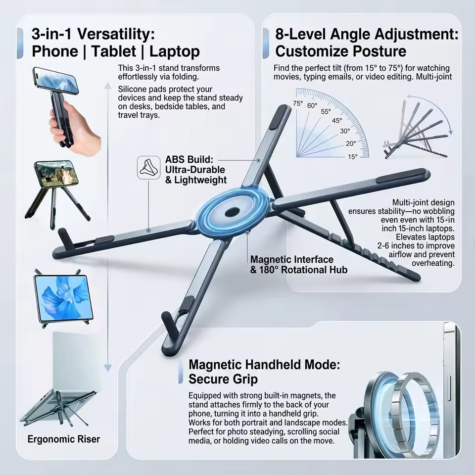 Desk Setup Equipment - حامل هاتف مغناطيسي محمول وعصا سيلفي