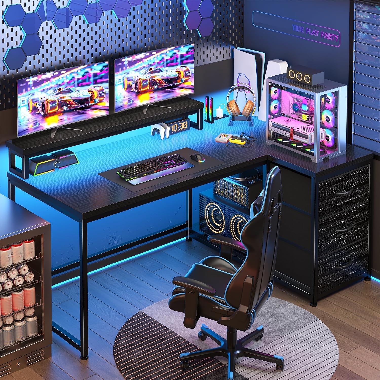 مكتب ألعاب مع 3 أدراج وإضاءة L - مراجعة Desk Setup Gaming Pc وسعره